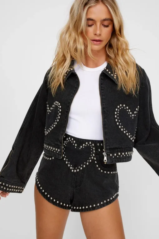Denim|Denim^Nasty Gal Heart Studded Cropped Denim Jacket |
