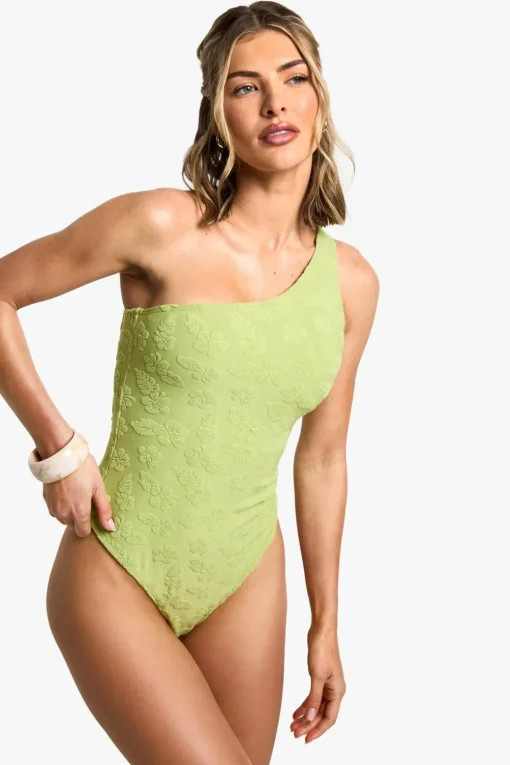 Swimsuits|Swimwear^Nasty Gal Hibiscus Flower Embossed One Shoulder Swimsuit |
