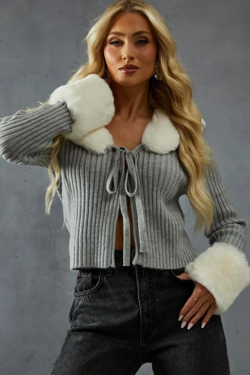 Knitwear^Nasty Gal Knitted Rib Fur Trim Tie Detail Front Jumper |