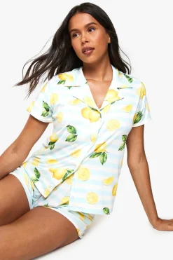 Stripes|Sleepwear^Nasty Gal Lemon Print Stripe Short Sleeve Shirt & Shorts Pyjama Set |