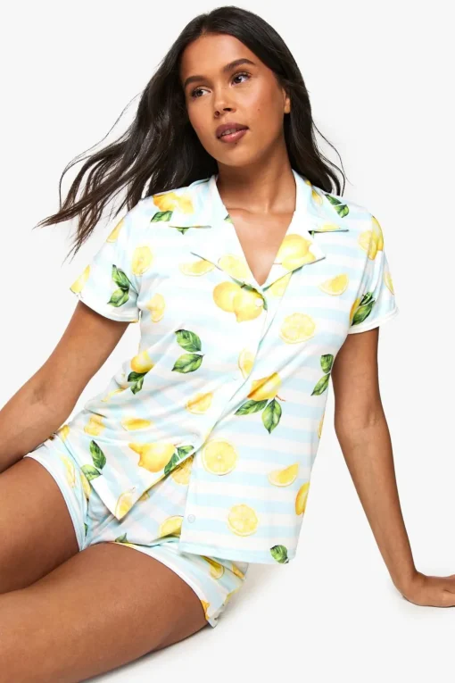 Stripes|Sleepwear^Nasty Gal Lemon Print Stripe Short Sleeve Shirt & Shorts Pyjama Set |