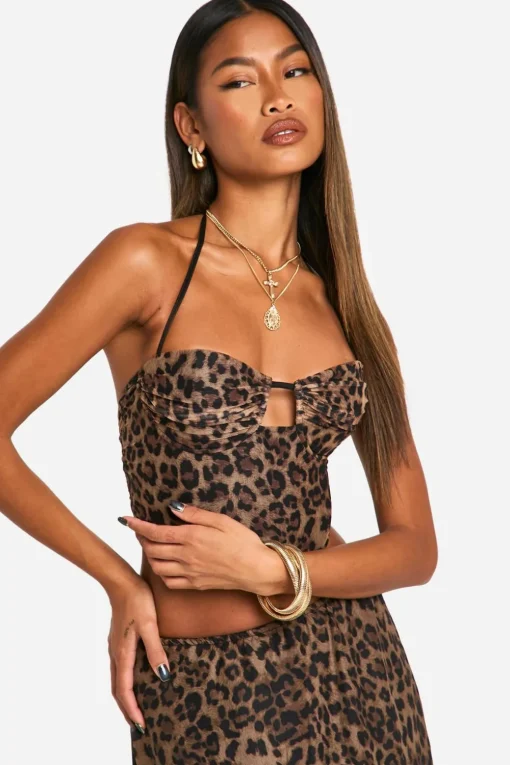 Animal Print|Tops^Nasty Gal Leopard Print Mesh Ruched Cup Halterneck Corset |