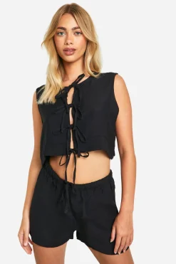 Two Piece Sets|Two Piece Sets^Nasty Gal Linen Look Tie Front Sleeveless Blouse & Flippy Shorts |