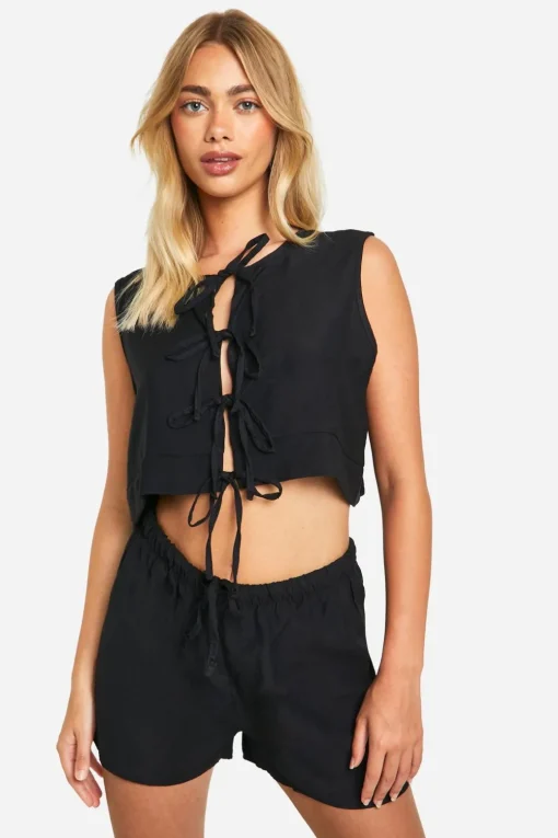 Two Piece Sets|Two Piece Sets^Nasty Gal Linen Look Tie Front Sleeveless Blouse & Flippy Shorts |