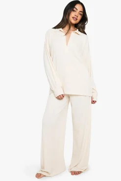 Sleepwear^Nasty Gal Loungewear Soft Rib Collared Long Sleeve Top & Trousers Pyjama Set |