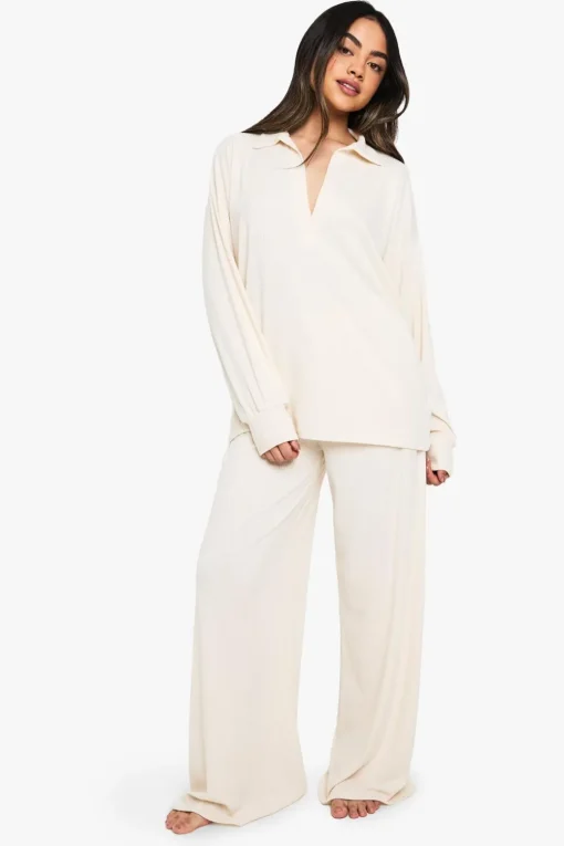 Sleepwear^Nasty Gal Loungewear Soft Rib Collared Long Sleeve Top & Trousers Pyjama Set |