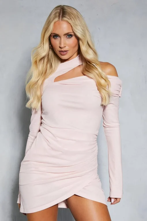 Dresses^Nasty Gal Mesh Bardot Long Sleeve Wrap Mini Dress |