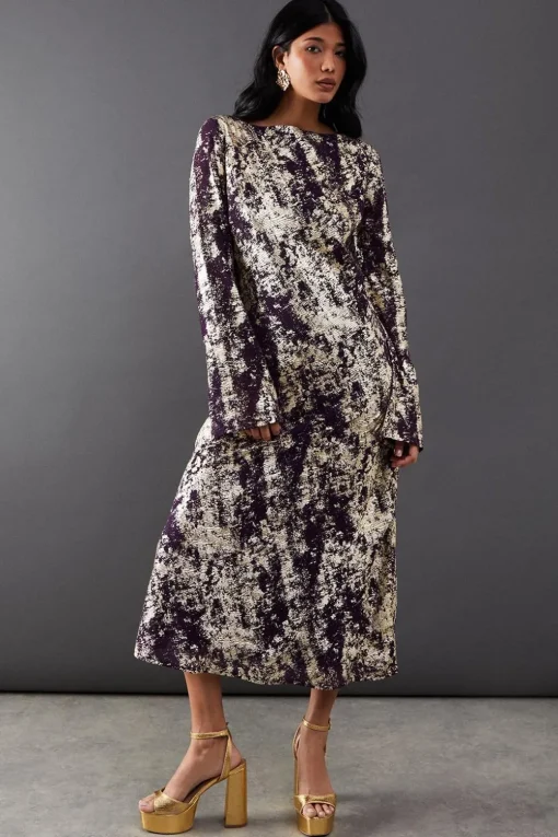 Dresses^Nasty Gal Metallic Chiffon Slash Neck Bias Midi Dress |