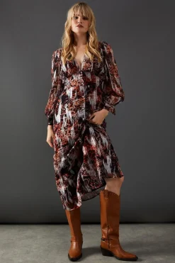 Dresses^Nasty Gal Metallic Jacquard Plunge Neck Button Through Midi Dress |
