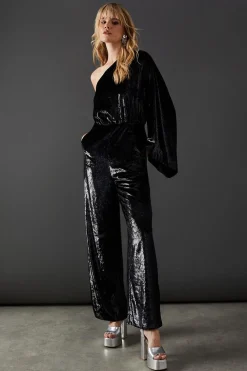 Jumpsuits|Jumpsuits^Nasty Gal Metallic Texture One Shoulder Flared Sleeve Jumpsuit |
