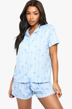 Stripes|Sleepwear^Nasty Gal Mixed Bow & Stripe Print Short Sleeve Shirt & Shorts Pyjama Set |
