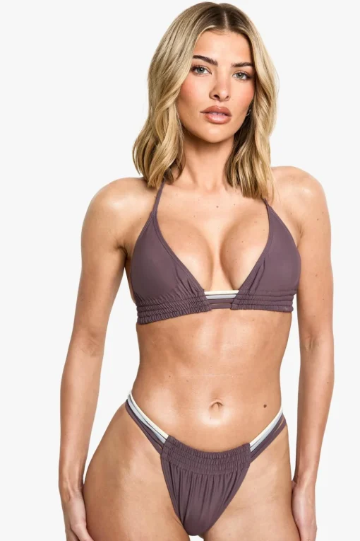 Bikinis|Swimwear^Nasty Gal Multicoloured Contrast Strap Ruched Triangle Bikini Top & Tanga Bikini Bottoms Set |