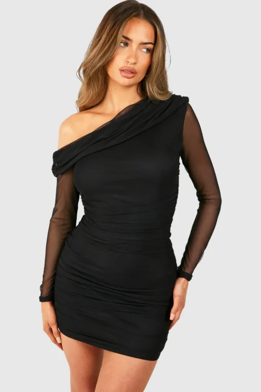 Dresses^Nasty Gal One Shoulder Ruched Mesh Long Sleeve Mini Dress |