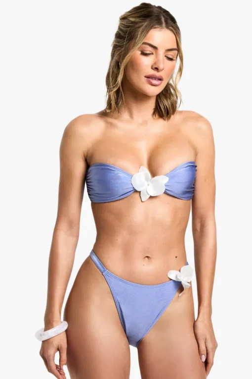 Bikinis|Swimwear^Nasty Gal Orchid Flower Trim Bandeau Bikini Top & Tanga Bikini Bottoms Set |