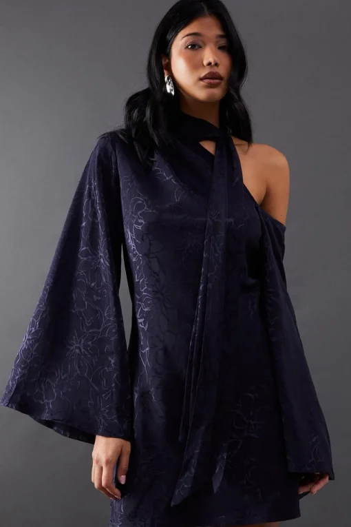 Dresses^Nasty Gal Petite Satin Jacquard Tie Neck Asymmetric Shoulder Mini Dress |