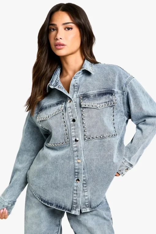 Denim|Denim^Nasty Gal Petite Stud Detail Denim Oversized Shirt |
