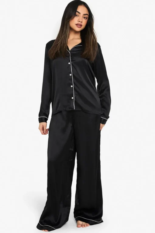 Sleepwear^Nasty Gal Piping Detail Satin Long Sleeve Shirt & Trousers Pyjama Set |
