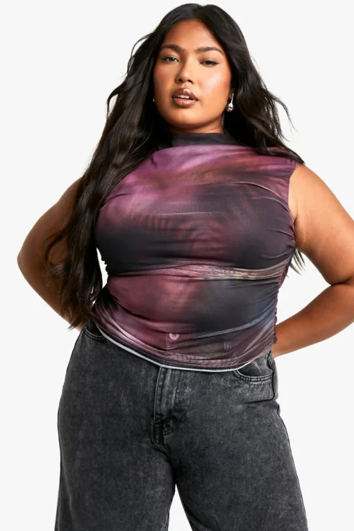 Tops^Nasty Gal Plus Abstract Ruched Front Bardot Top |