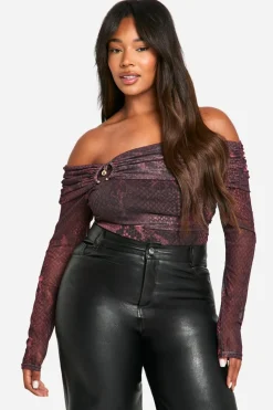 Animal Print|Tops^Nasty Gal Plus Dark Snake Bardot Ring Detail Bodysuit |