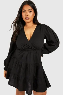 Dresses^Nasty Gal Plus Linen Feel Plunge Tiered Mini Dress |