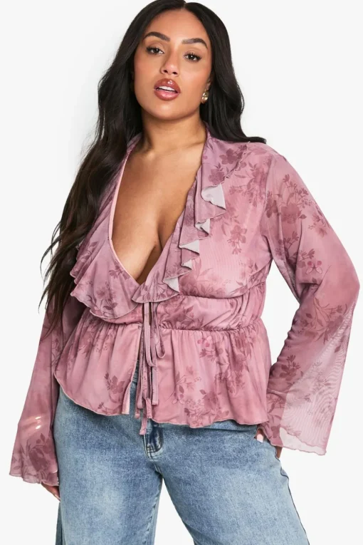 Tops^Nasty Gal PLUS RUFFLE TIE DETAIL FLARED SLEEVE TOP |