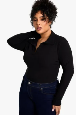 Tops^Nasty Gal Plus Soft Rib Collared Long Sleeve Top |