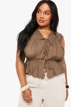 Stripes|Tops^Nasty Gal Plus Tie Front Peplum Linen Stripe |