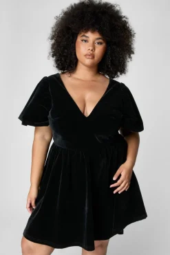 Dresses^Nasty Gal Plus Velvet Puff Sleeve Plunge Skater Mini Dress |