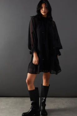 Sequin Outfits|Dresses^Nasty Gal Premium Chiffon Tie Neck Moon Embellished Sequin Mini Smock Dress |