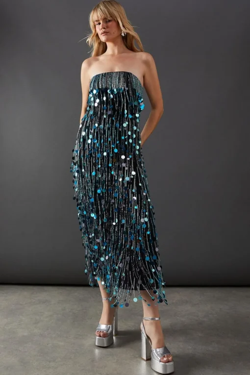 Sequin Outfits|Fringing^Nasty Gal Premium Fringe Bead Embellished Sequin Bandeau Midi Dress |