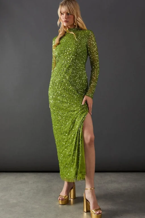 Sequin Outfits|Dresses^Nasty Gal Premium Hand Embellished Sequin High Neck Maxi Dress |
