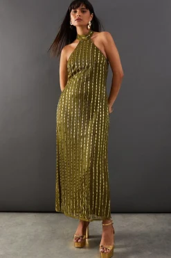 Sequin Outfits|Dresses^Nasty Gal Premium Hand Embellished Sequin Mirror Bead Halter Midi Dress |