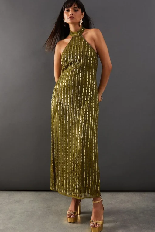 Sequin Outfits|Dresses^Nasty Gal Premium Hand Embellished Sequin Mirror Bead Halter Midi Dress |
