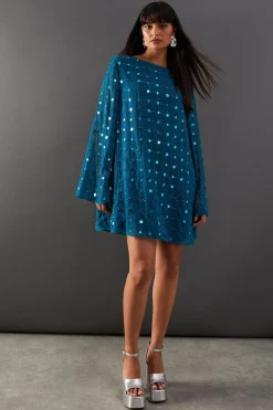 Sequin Outfits|Dresses^Nasty Gal Premium Hand Embellished Sequin Grid Flared Sleeve Mini Dress |