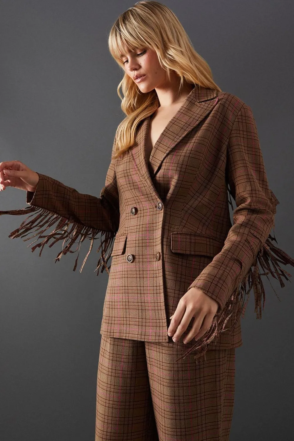 Fringing|Blazers^Nasty Gal Premium Oversized Heritage Check Fringed Blazer |
