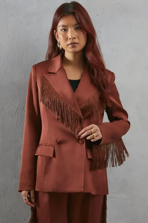 Fringing|Blazers^Nasty Gal Premium Satin Fringe Double Breasted Blazer |