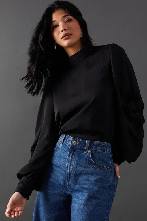 Tops^Nasty Gal Premium Satin High Neck Pleat Detail Blouse |