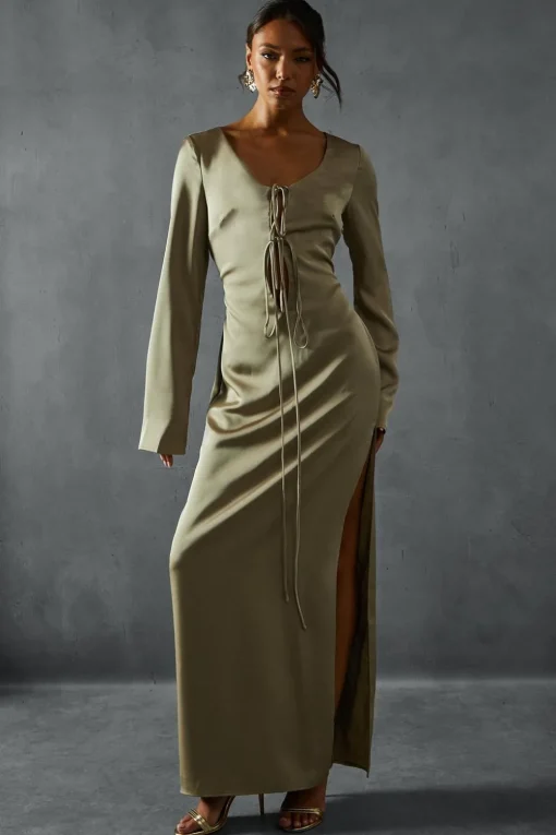 Dresses^Nasty Gal Premium Satin Tie Front Long Sleeve Maxi Dress |