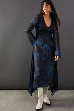 Dresses^Nasty Gal Print Chiffon Lace Insert Midi Dress |