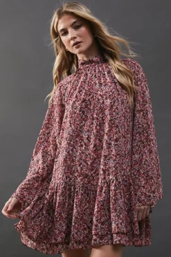 Dresses^Nasty Gal Printed Chiffon Drop Hem High Neck Flare Sleeve Mini Swing Dress |