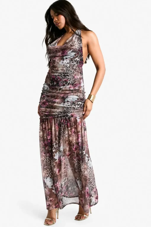 Dresses^Nasty Gal Printed Mesh Halterneck Ruched Maxi Dress |