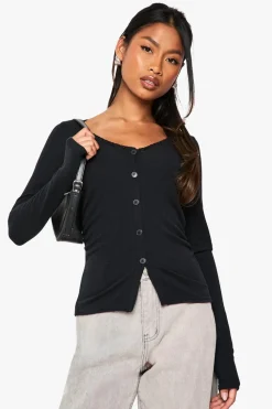 Tops^Nasty Gal Rib Lace Trim Button Up Ruched Sid Long Sleeve Top |