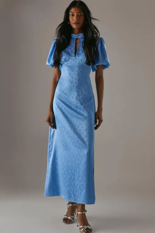 Dresses^Nasty Gal Rose Satin Jacquard Puff Sleeve Tie Back Midi Dress |