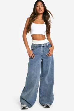 Jeans|Denim^Nasty Gal Satin Boxer Detail High Waisted Wide Leg Denim Jean |