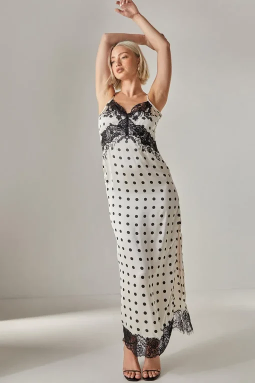 Maxi Dresses|Dresses^Nasty Gal Satin Polka Dot Lace Trim Maxi Dress |