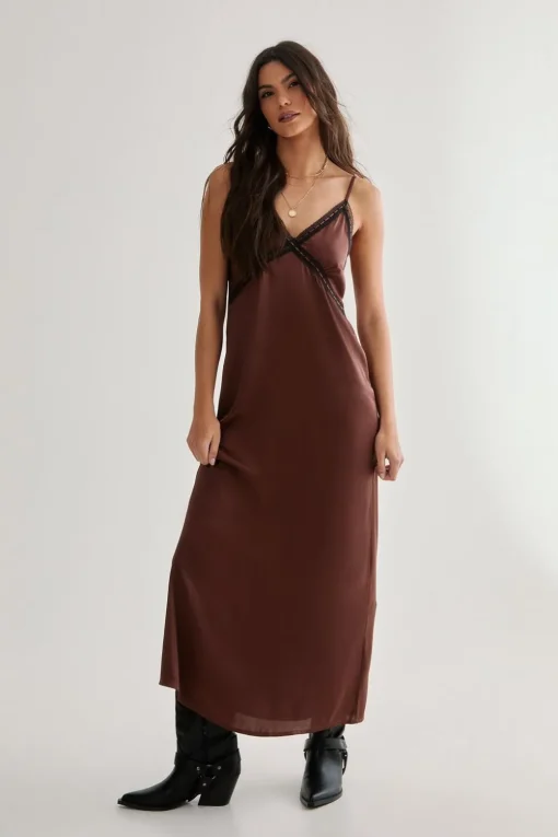 Maxi Dresses|Dresses^Nasty Gal Satin Ribbon Lace Trim Maxi Slip Dress |