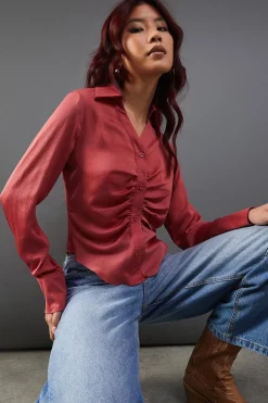 Tops^Nasty Gal Satin Ruched Front Shirt |