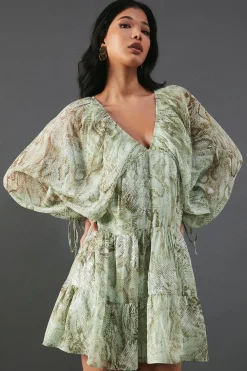 Sequin Outfits|Animal Print^Nasty Gal Sequin Snake Embellished Volume Sleeve Mini Smock Dress |
