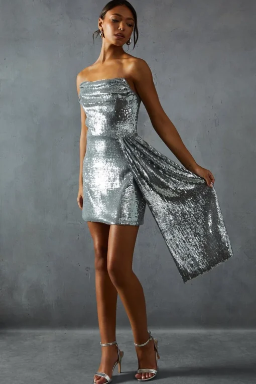Sequin Outfits|Dresses^Nasty Gal SequinCorseted BandeauDraped Bodycon Mini Dress |
