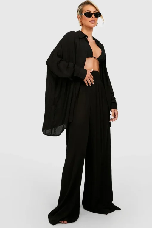 Vacation Shop^Nasty Gal Shirred Waist Woven Wide Leg Beach Trousers |